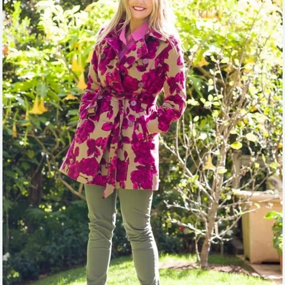 Merona Pink Floral Moleskin Cotton Trench Coat - M - Picture 2 of 10